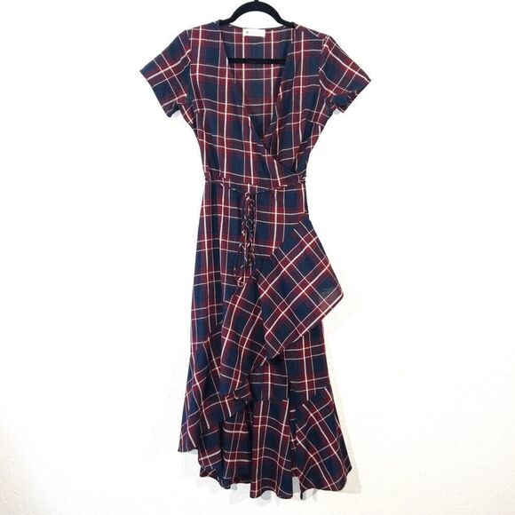 The Impeccable Pig Navy Plaid Wrap Dress Size Small - Picture 2 of 9